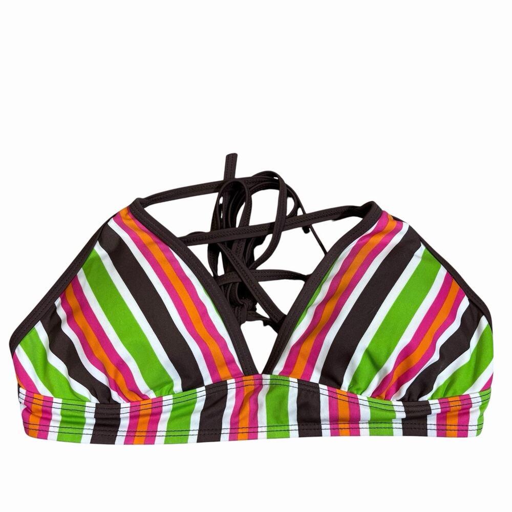 ATHLETA San-O Mix Striped Bikini Top Brown Lime Mango Pink Medium Pads Included